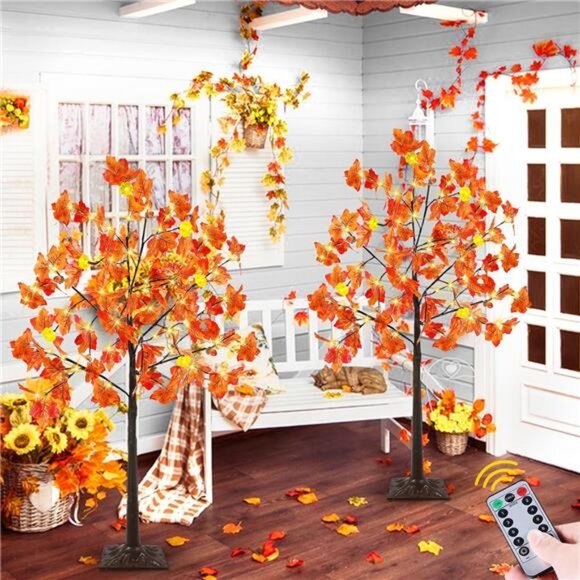 2 Pack 4 Ft Prelit Lighted Fall Maple Tree Halloween Fall Decorations - Picture 5 of 7